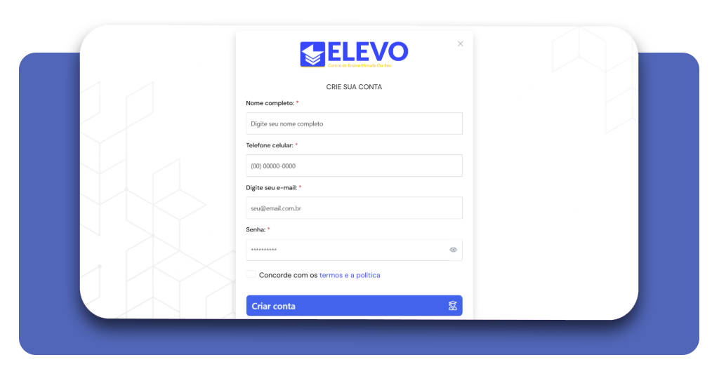 Formulário de criação de conta na plataforma Elevo Cursos para o curso de vigilante