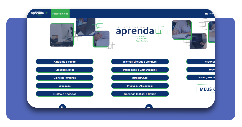 Tela inicial da plataforma Aprenda Mais MEC com áreas de estudo disponíveis