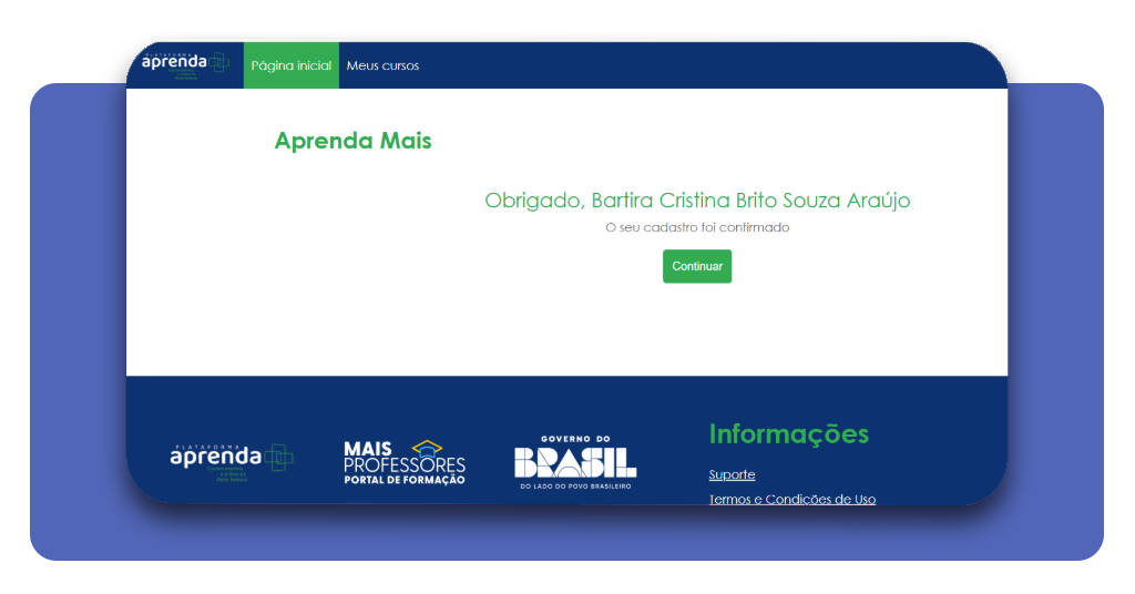 Tela de confirmação de e-mail no cadastro da plataforma Aprenda Mais MEC