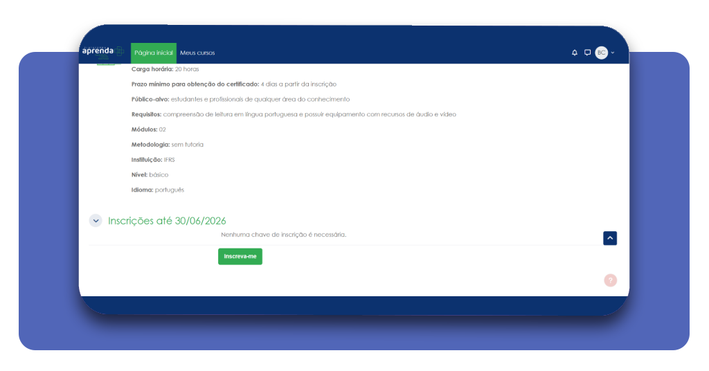 Página do curso na plataforma Aprenda Mais MEC com botão de inscrição
