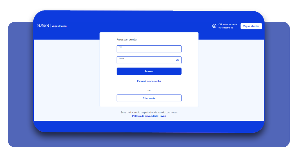 Tela de cadastro e login no portal da Havan