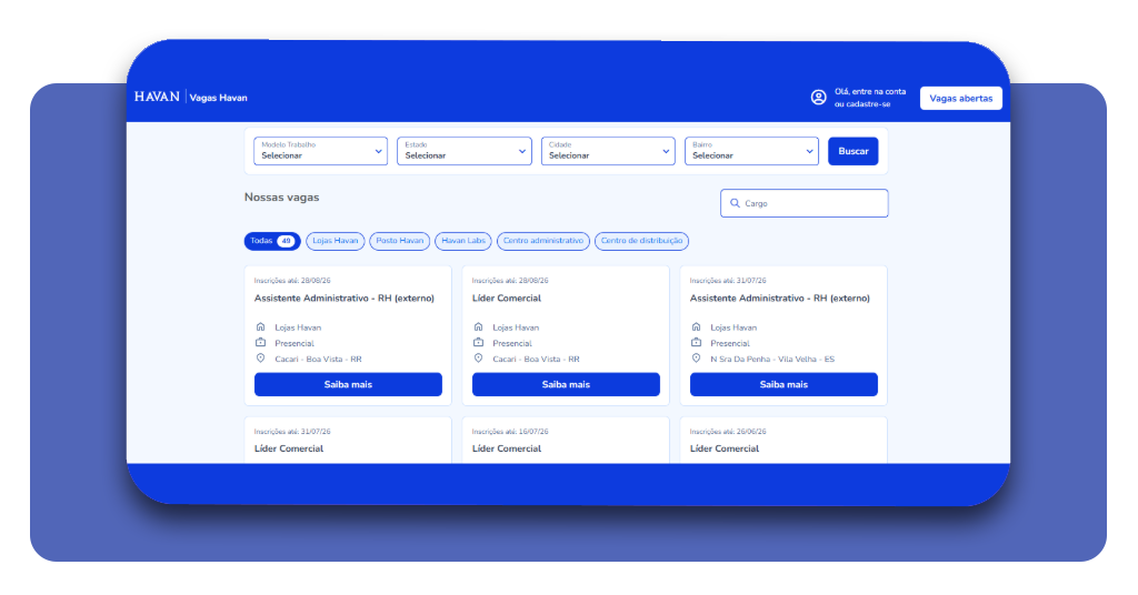 Listagem de vagas abertas no portal de carreiras da Havan