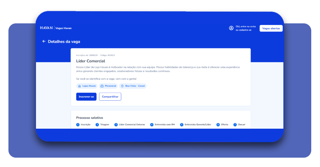 Tela de envio de currículo e inscrição em vaga na Havan