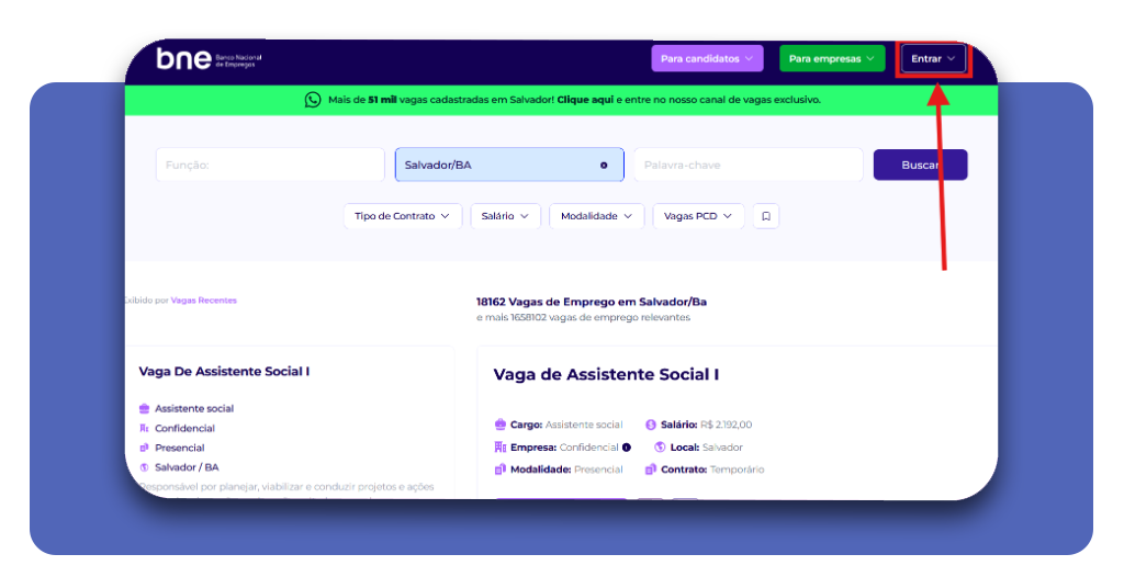 Página inicial do BNE com o botão Entrar no canto superior direito