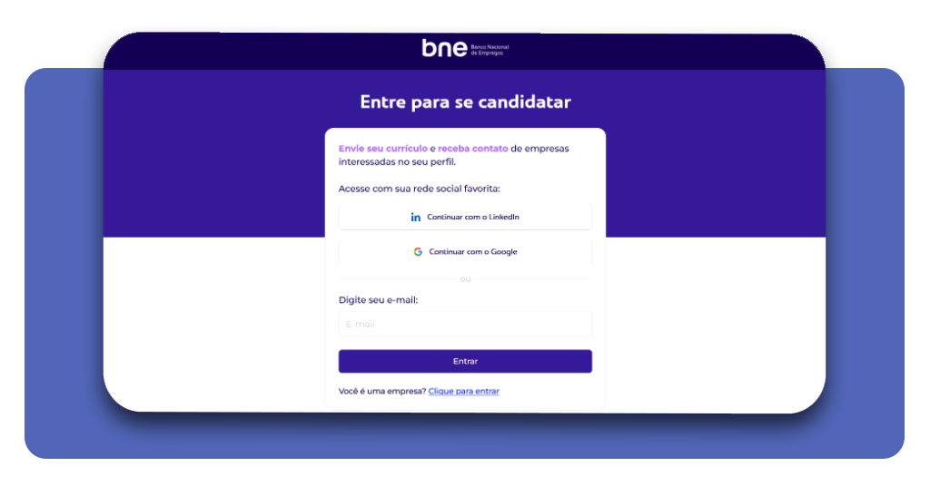 Tela de login do BNE com opções de e-mail, Google e LinkedIn