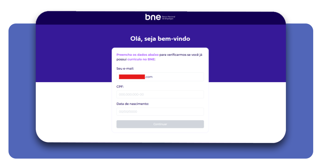Formulário de cadastro do BNE solicitando CPF e data de nascimento
