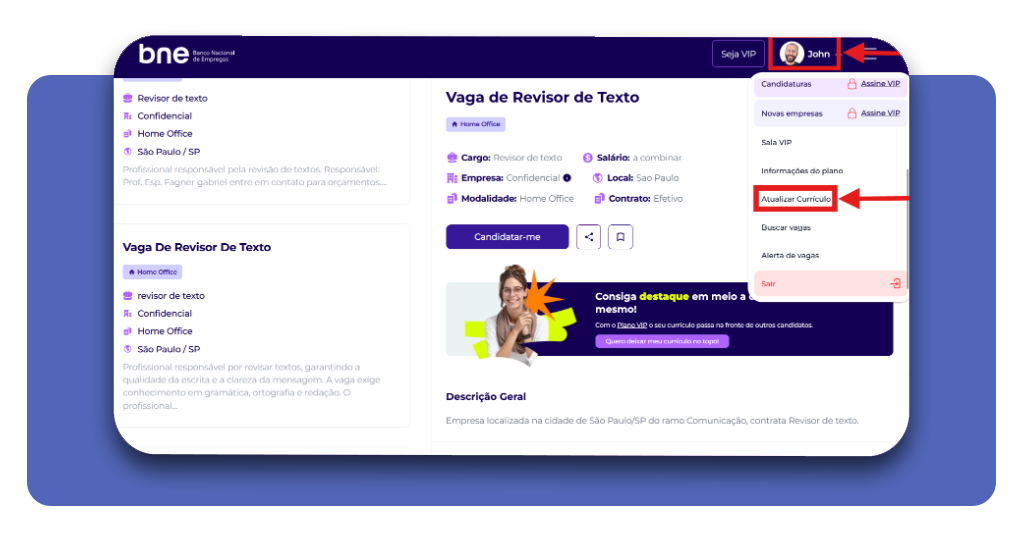 Tela de perfil do BNE com a opção Atualizar Currículo