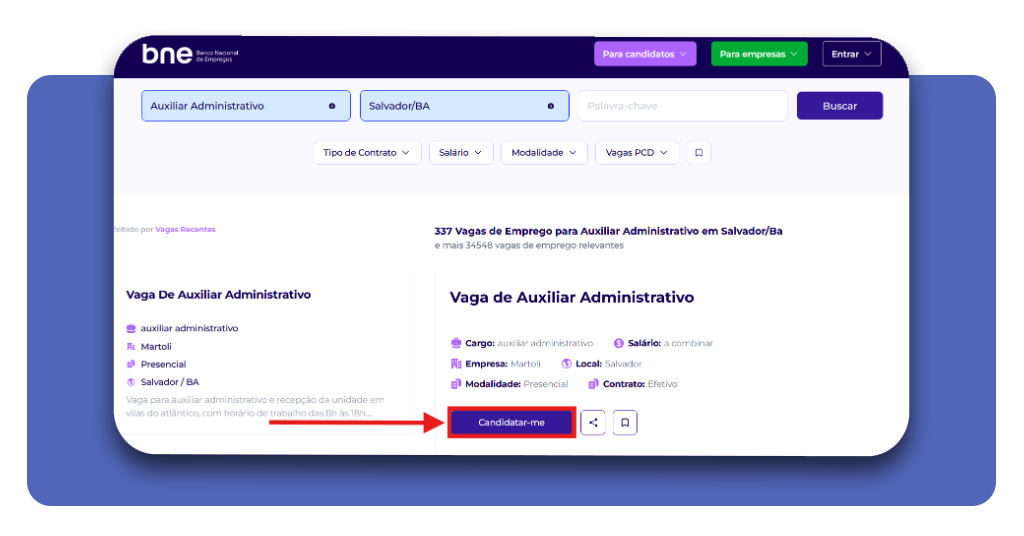 Botão Candidatar-me em uma vaga de emprego no portal BNE