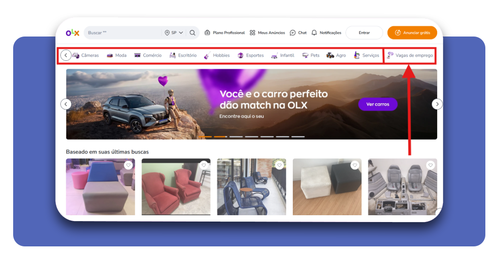 Tela inicial da OLX com destaque para a opção Vagas de emprego
