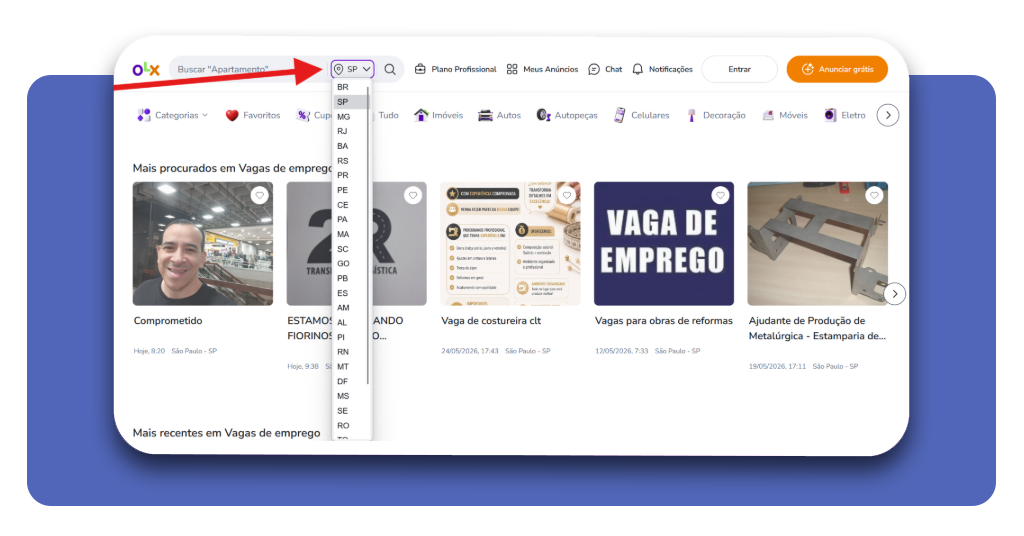Filtros regionais na busca de vagas de emprego na OLX
