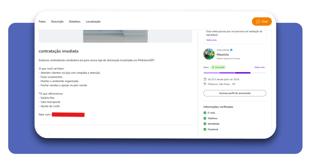 Anúncio de vaga de emprego na OLX com detalhes de salário e benefícios
