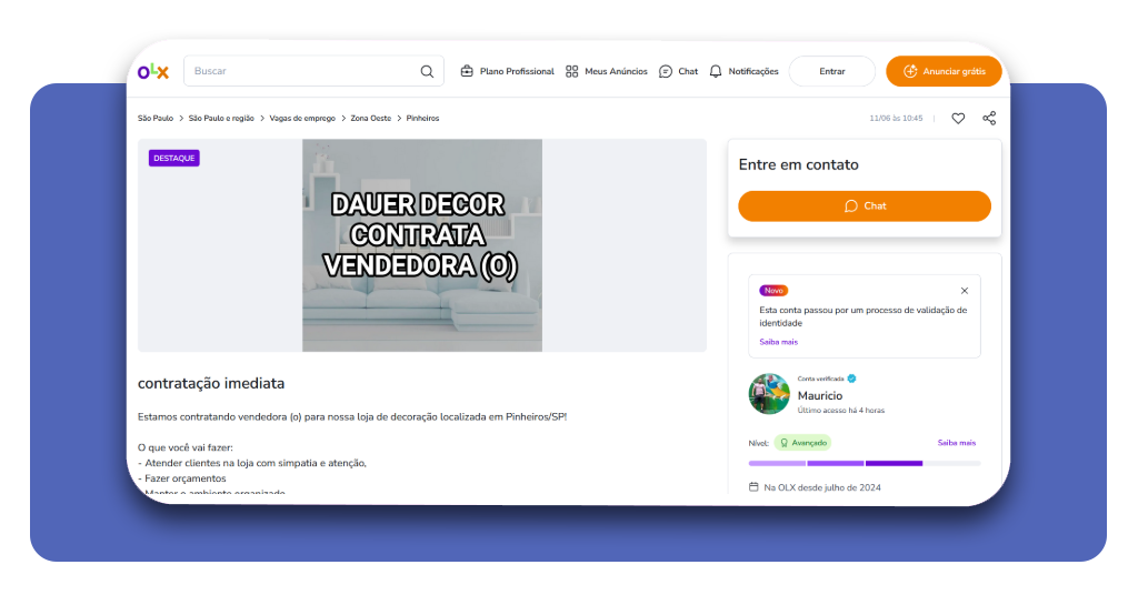 Botão Chat na OLX para contato com o recrutador