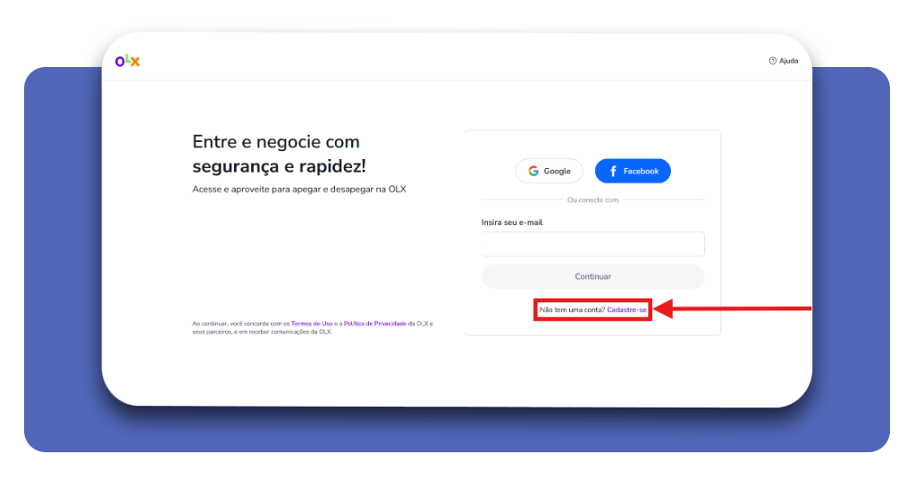 Tela de login e cadastro na OLX para candidatos