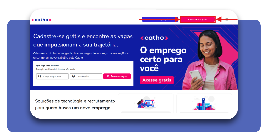 Tela inicial do aplicativo Catho com opção de cadastro de currículo grátis