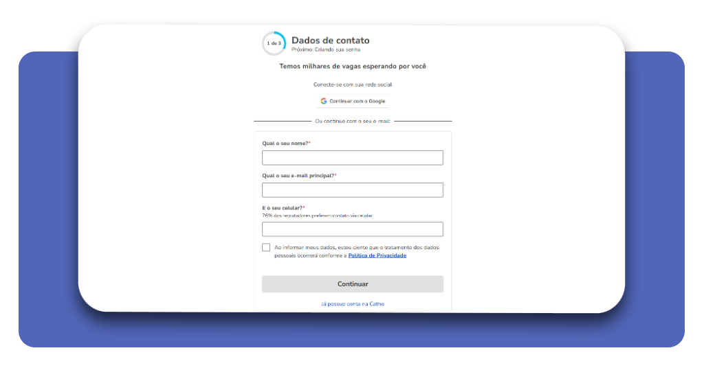 Tela de criação de perfil no aplicativo Catho