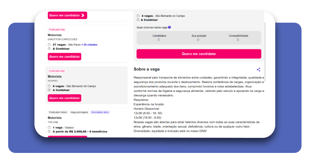 Tela de candidatura a vaga de motorista no aplicativo Catho