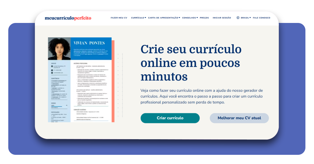 Tela inicial do site Meu Currículo Perfeito com botão Criar currículo