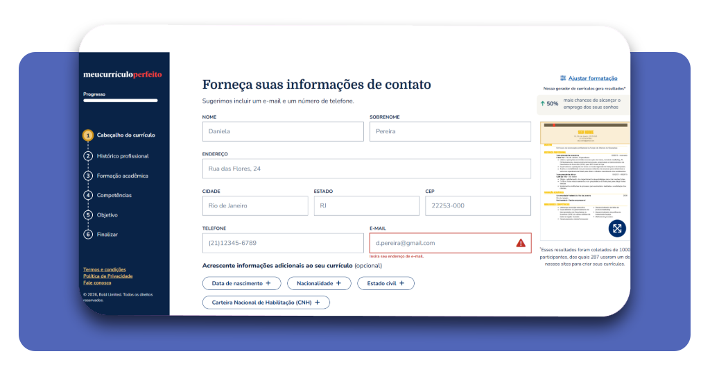 Formulário de preenchimento de informações pessoais no Meu Currículo Perfeito