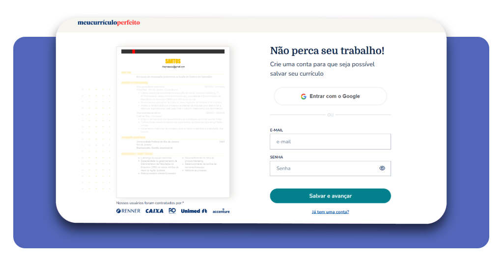 Tela de criação de conta no Meu Currículo Perfeito com opção de login pelo Google