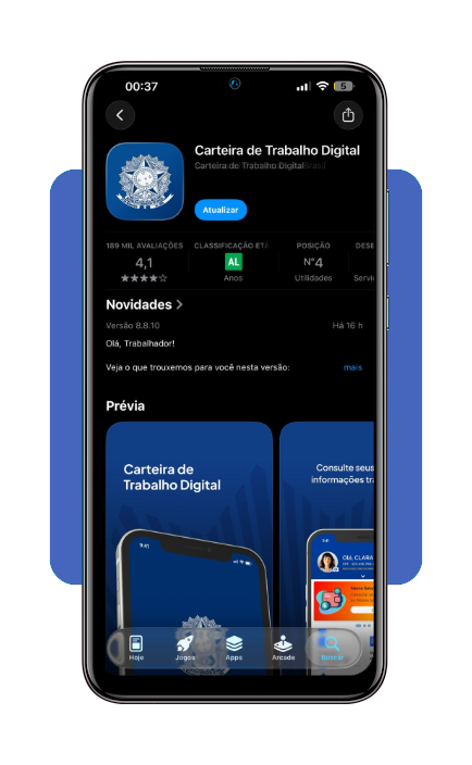 Tela inicial do app Carteira de Trabalho Digital