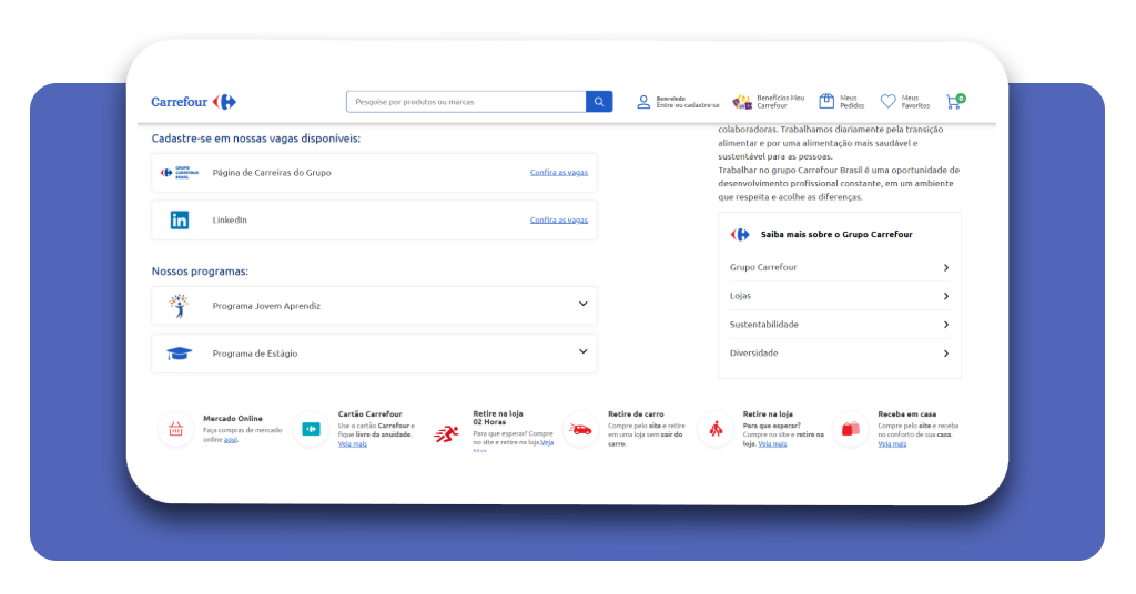 Portal de vagas do Grupo Carrefour com opções de Jovem Aprendiz e estágio