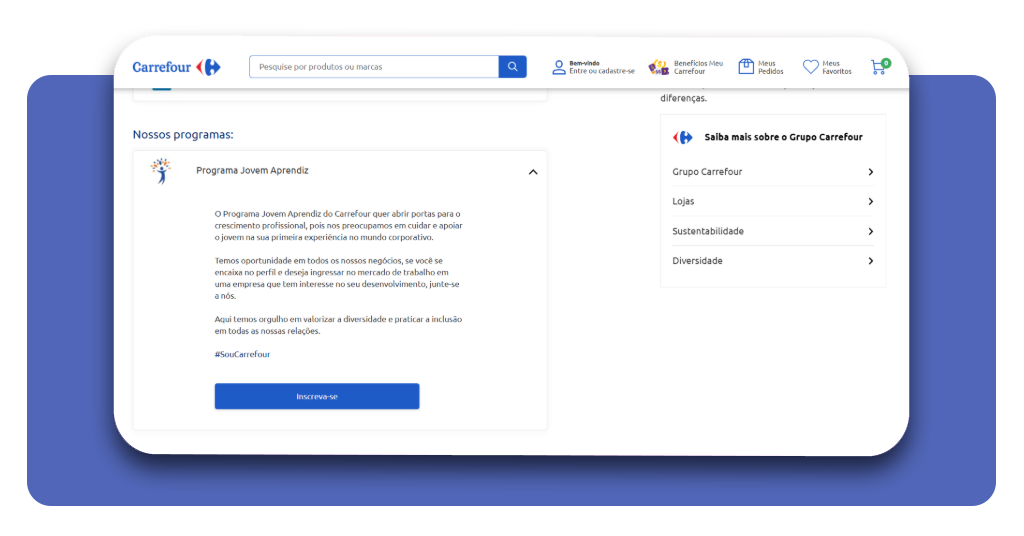 Tela de inscrição no programa do Grupo Carrefour