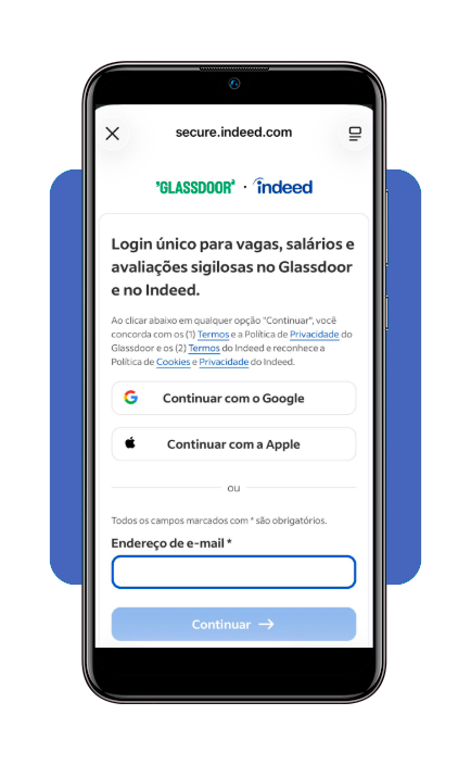 Tela de cadastro no aplicativo Glassdoor