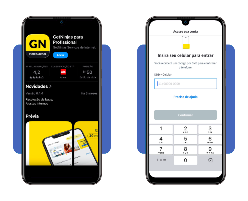 Tela inicial do app GetNinjas para Profissional com campo de número de celular