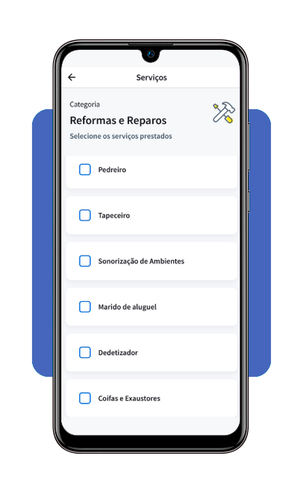Tela de seleção de categorias de serviço no app GetNinjas para Profissional