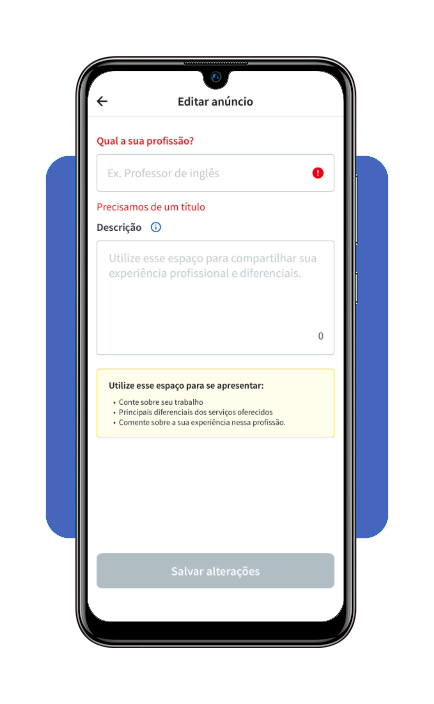 Tela de criação de descrição do perfil profissional no app GetNinjas