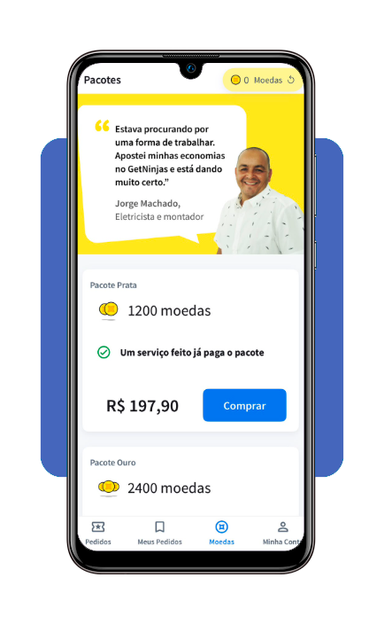 Tela de compra de pacote de moedas no app GetNinjas para Profissional