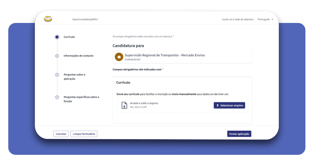Formulário de candidatura para vagas de emprego no Mercado Livre