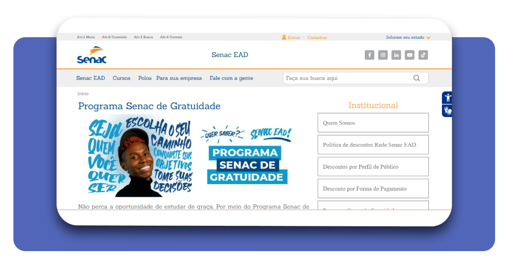 Plataforma Senac EAD - tela inicial do Programa Senac de Gratuidade