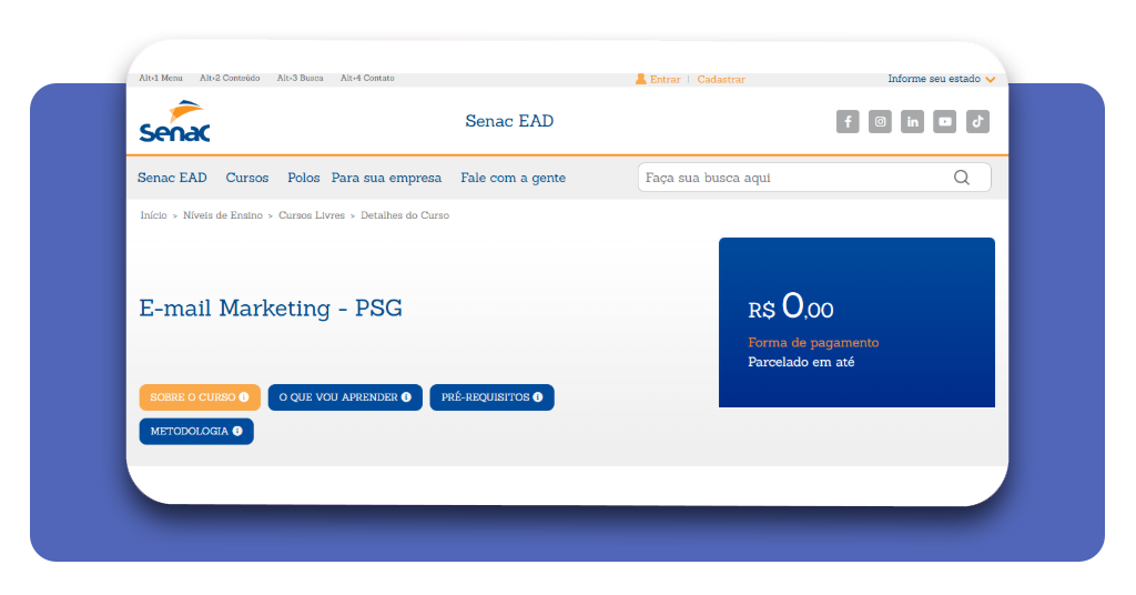 Barra de pesquisa da plataforma Senac EAD para encontrar o curso de e-mail marketing