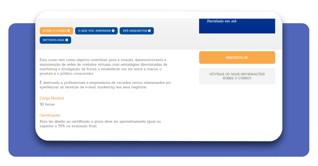 Página com informações do curso de e-mail marketing do Senac