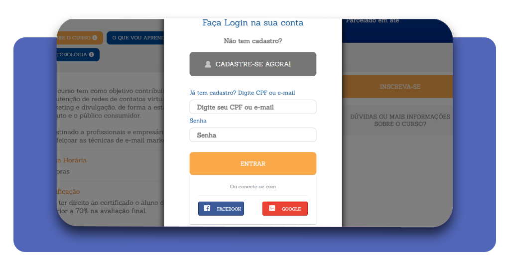 Tela de inscrição no curso de e-mail marketing do Senac
