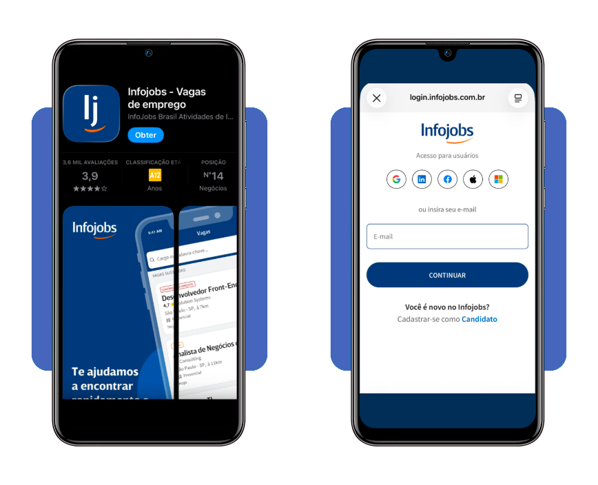 Tela de login do aplicativo Infojobs no celular
