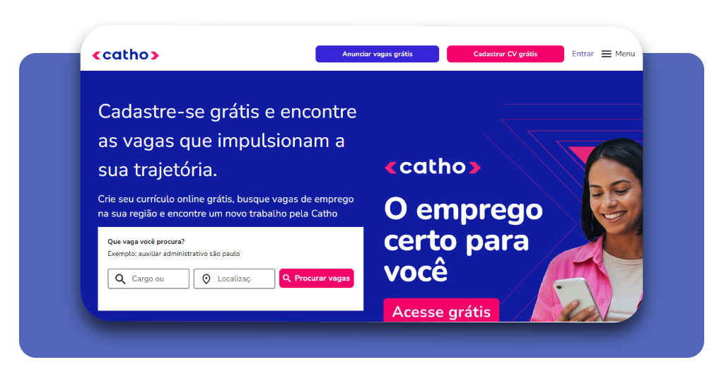 Tela inicial da Catho com botão para cadastrar CV grátis