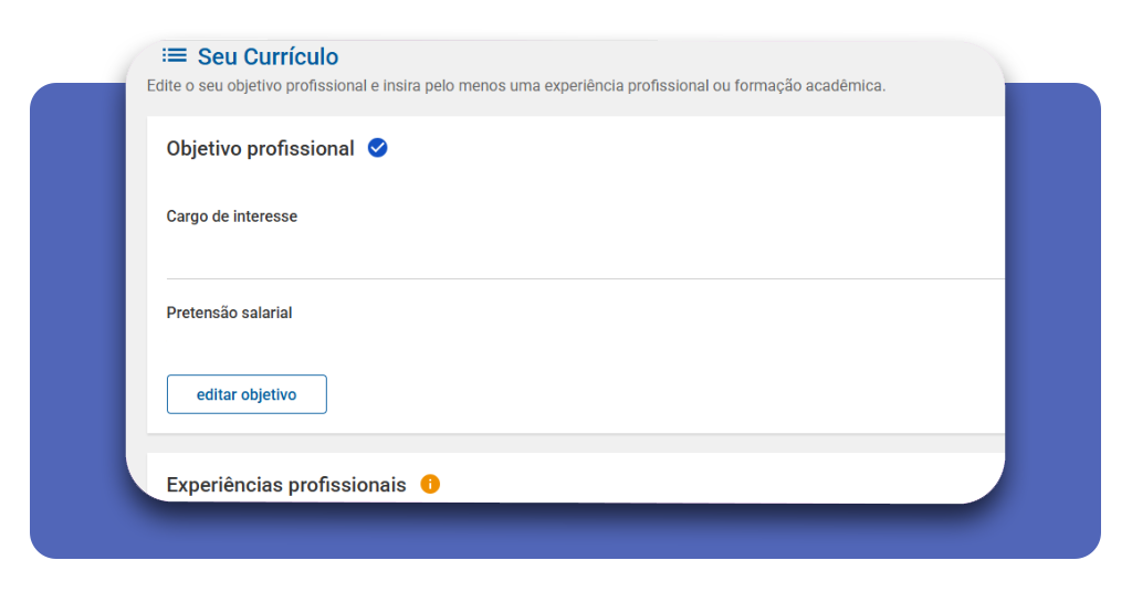 Tela de preenchimento das informações profissionais na Catho