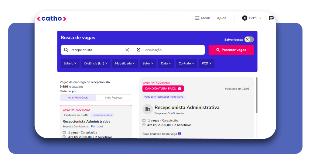 Tela de busca de vagas na Catho