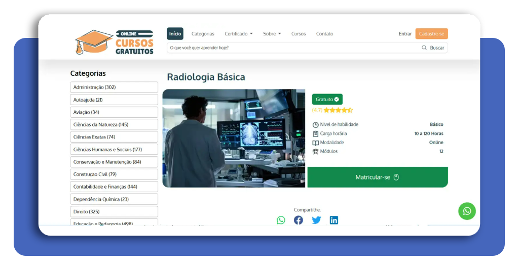 Página inicial do site Online Cursos Gratuitos com o curso de radiologia básica