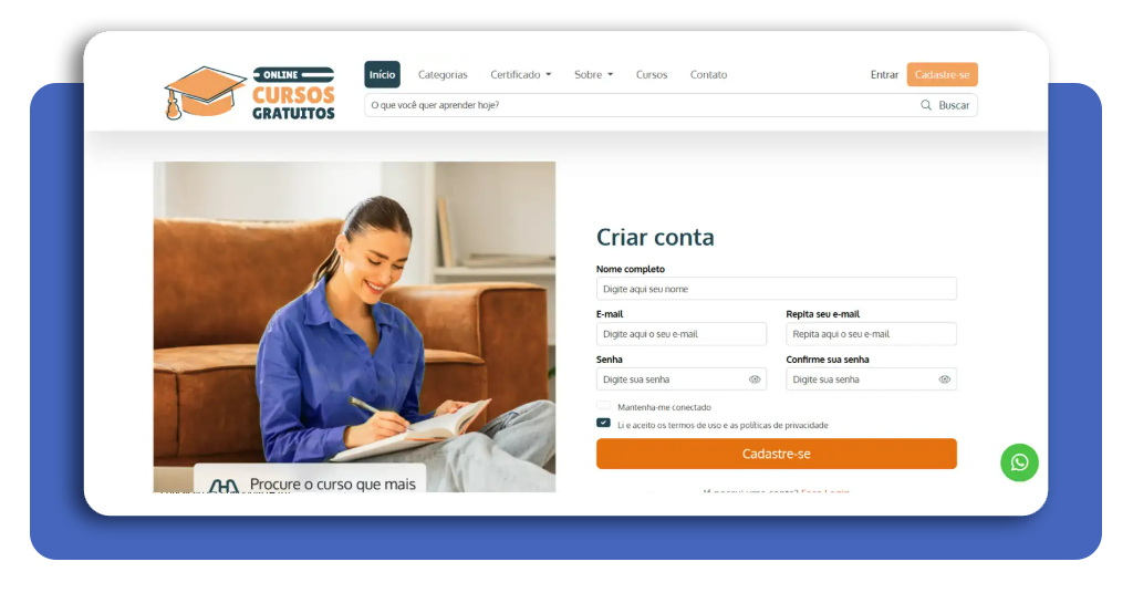 Tela de cadastro no Online Cursos Gratuitos para o curso de radiologia