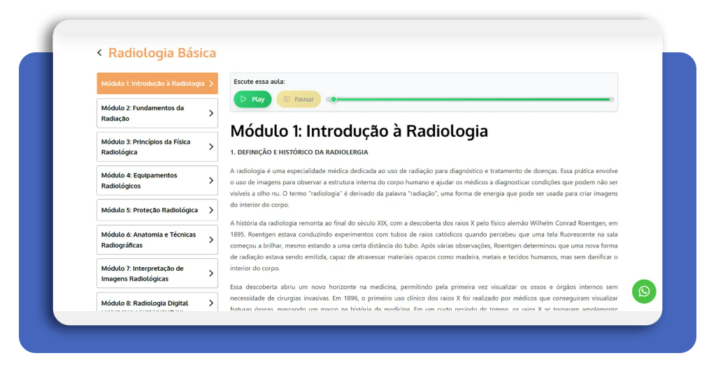 Área do aluno com os módulos do curso de radiologia básica online