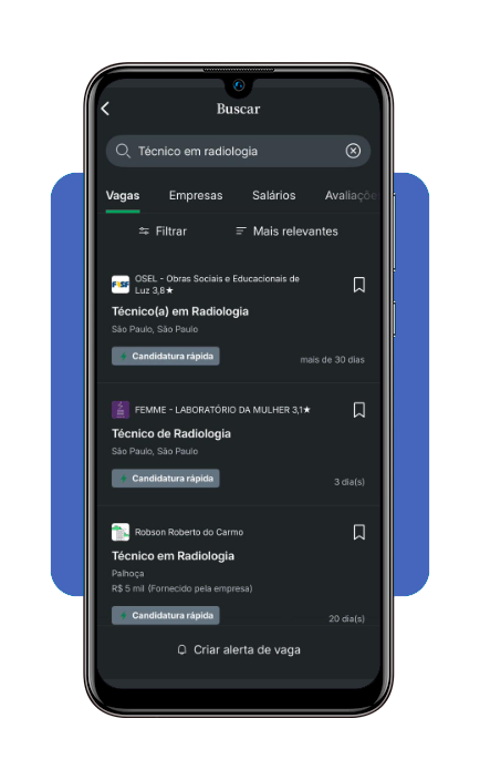 Tela de pesquisa de vagas de radiologia no app Glassdoor