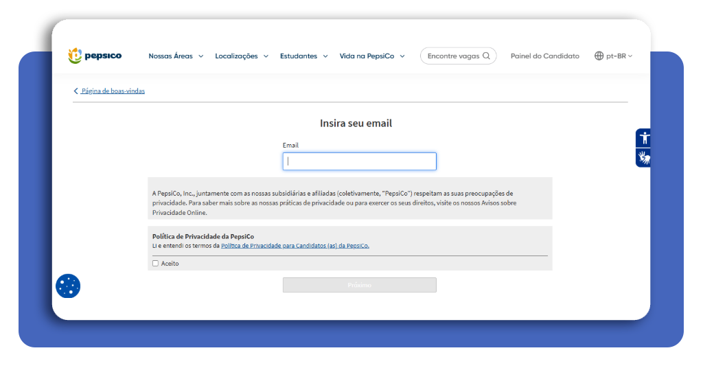 Tela de cadastro no portal de carreiras da PepsiCo