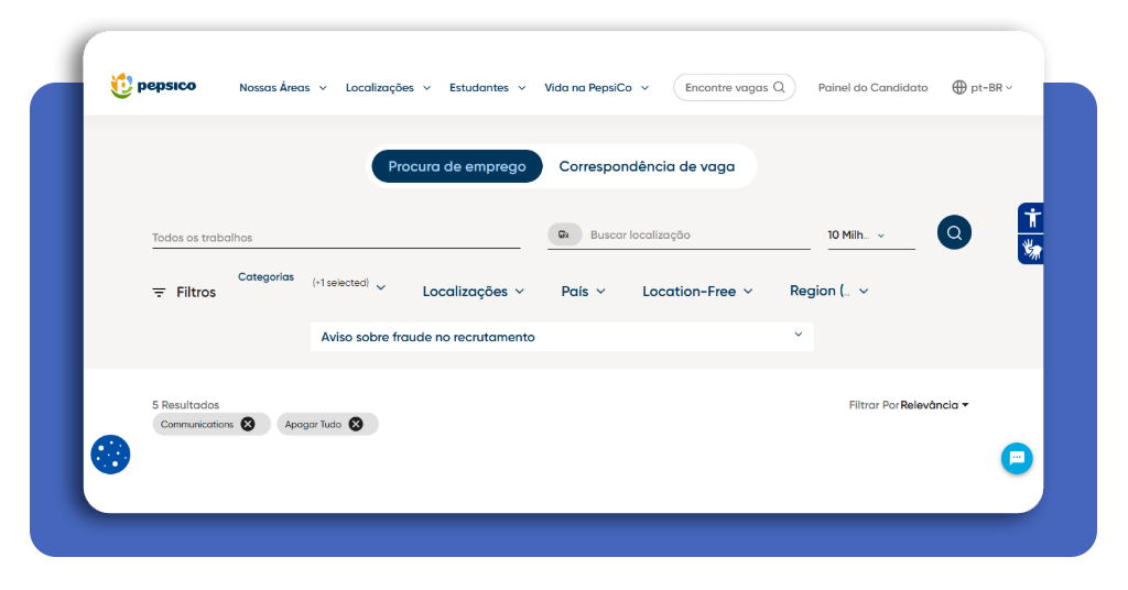 Busca de vagas no portal da PepsiCo com filtros