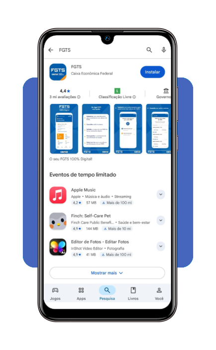 Tela de download do aplicativo FGTS na loja de aplicativos