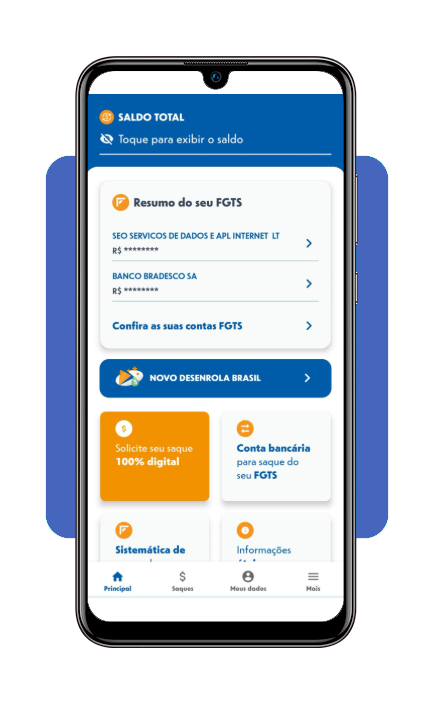 Tela inicial do aplicativo FGTS exibindo o saldo disponível