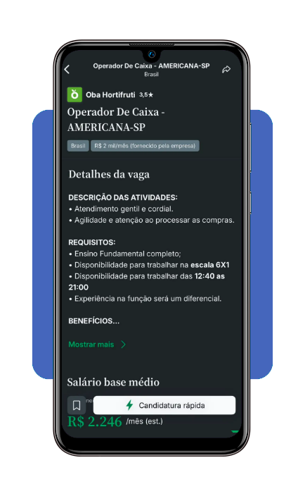 Tela de descrição de vaga no Glassdoor com requisitos e benefícios