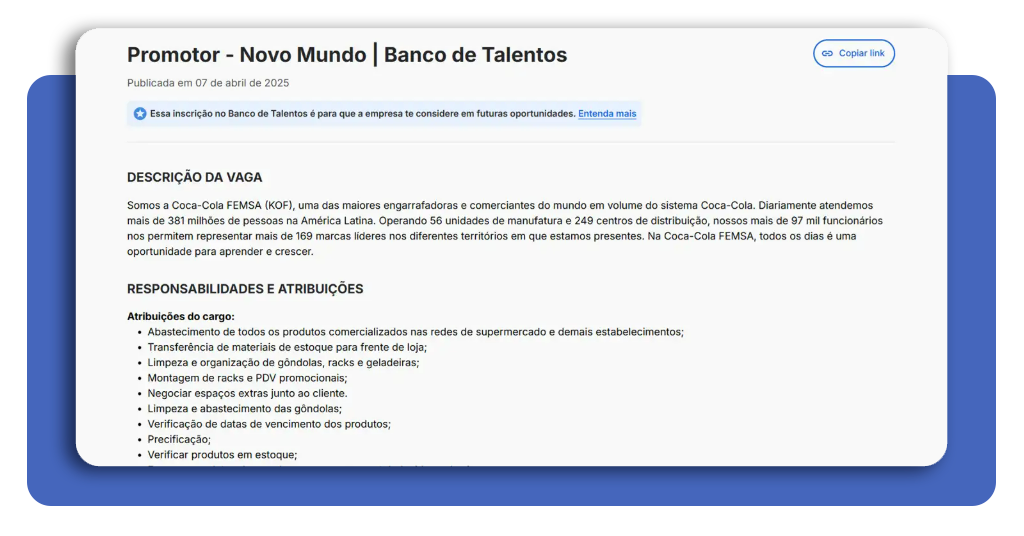 Tela de candidatura e testes na plataforma Gupy da Coca-Cola FEMSA